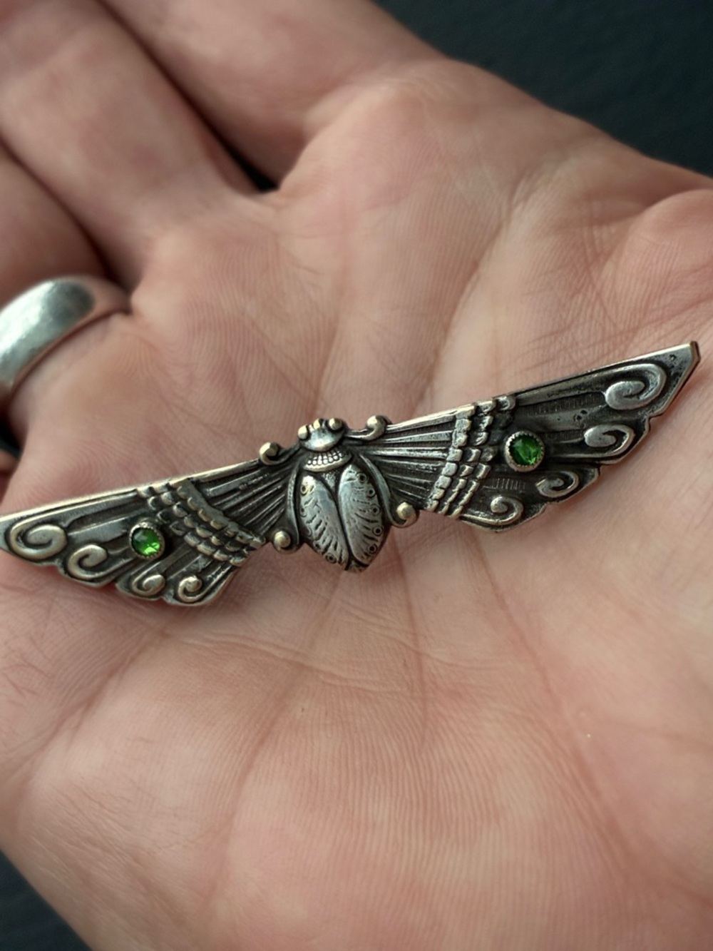 Silver Winged Scarab Pin with Green Gem Accents